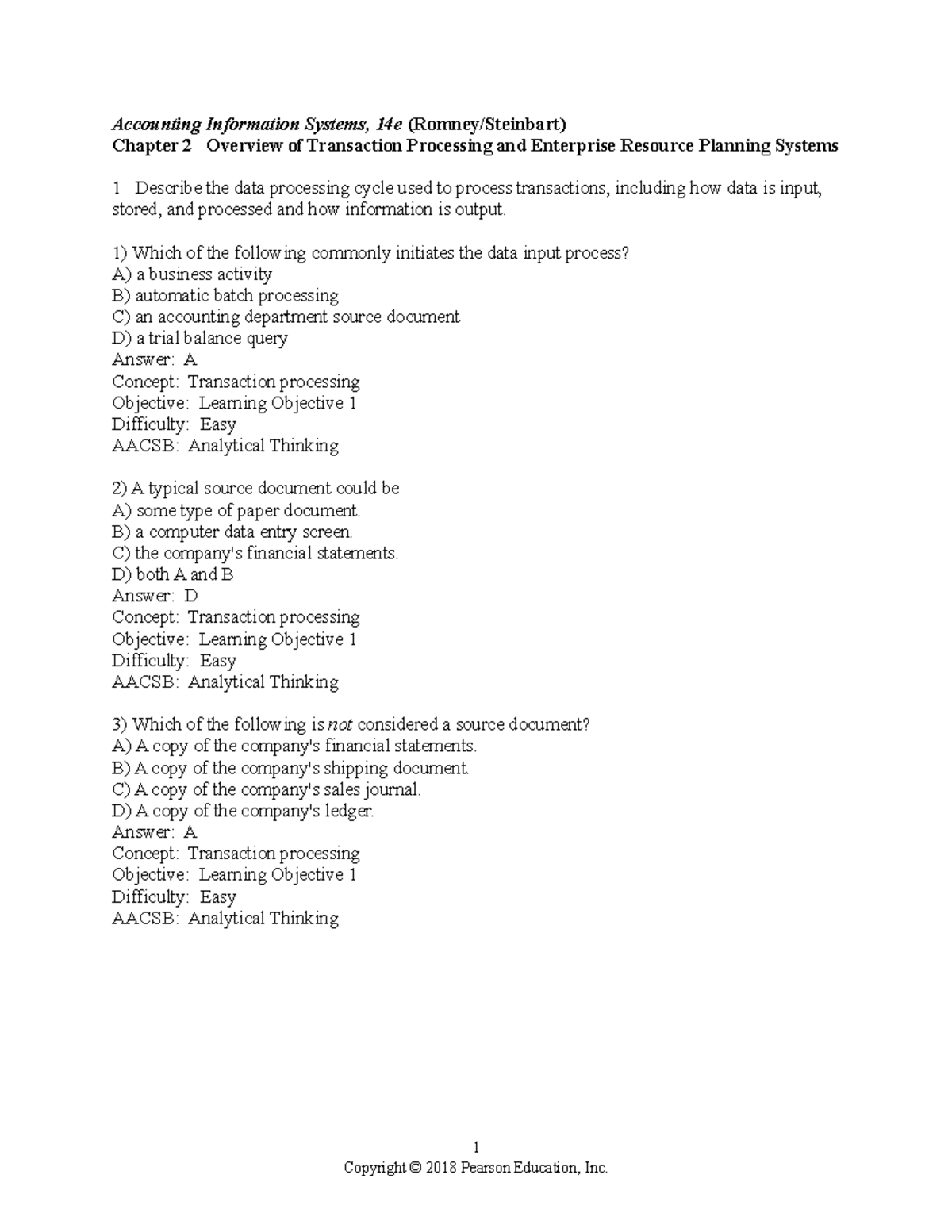 Chapter 2 Test Bank - Transaction Processing & ERP Systems (ACCT 101 ...