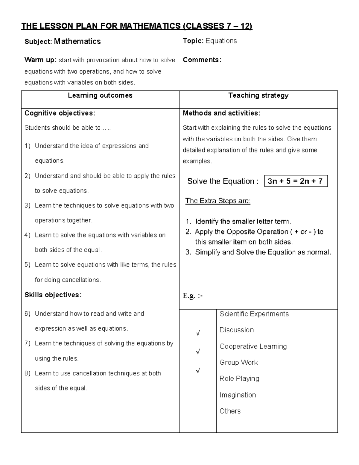 Mathematics Lesson Plan: Equations for Classes 7-12 (3-Equations) - Studocu