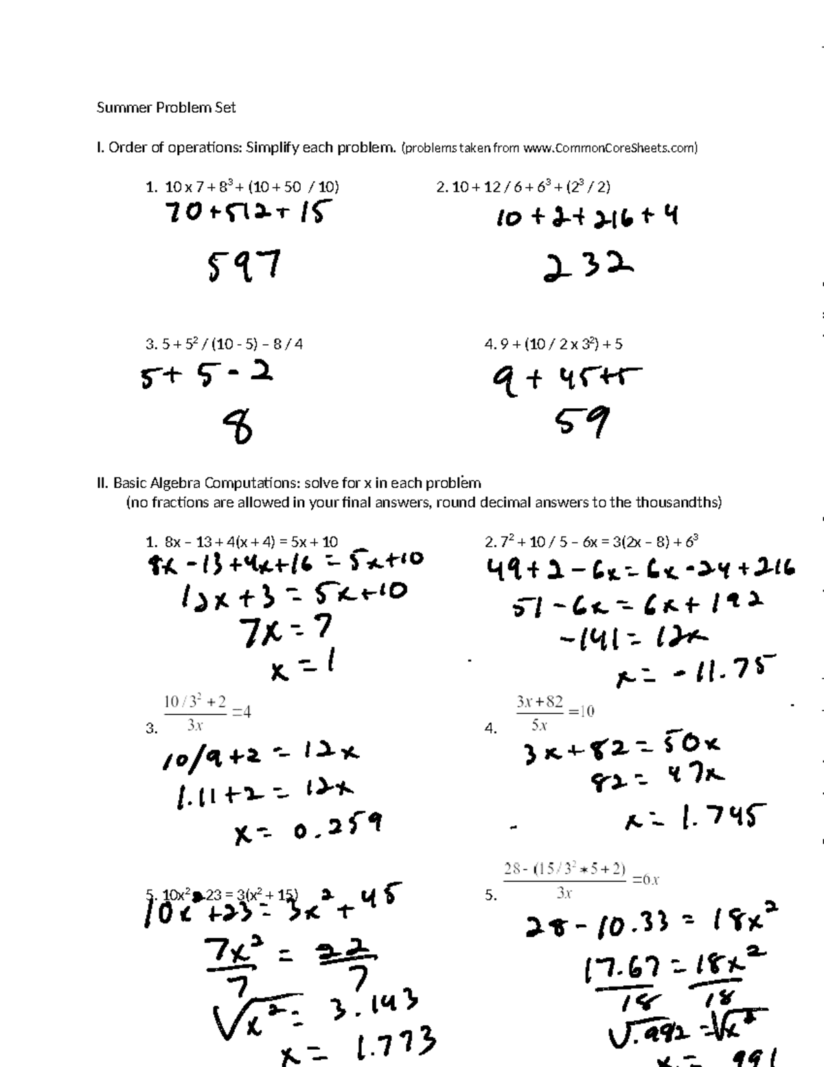 Summer Problem Set I Key - Order of Operations & Algebra - Studocu