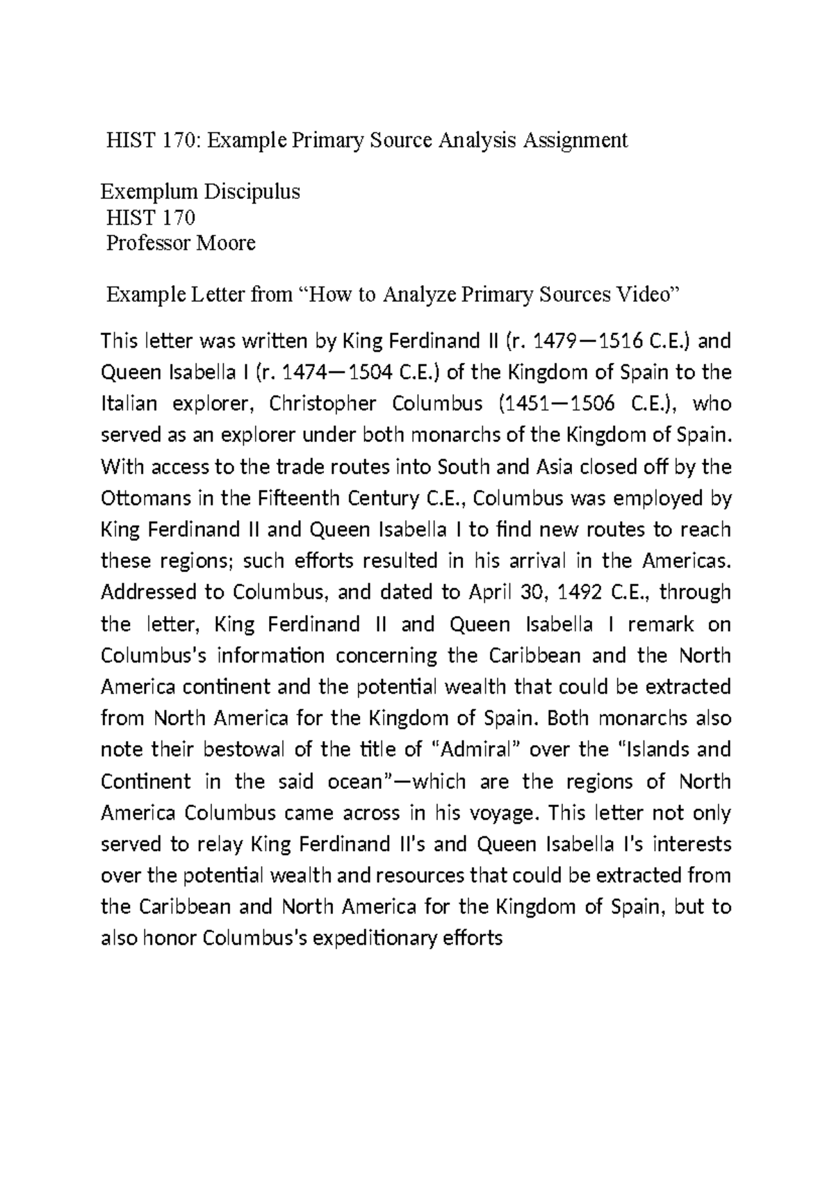 HIST 170: Primary Source Analysis of Columbus' Letter - Studocu