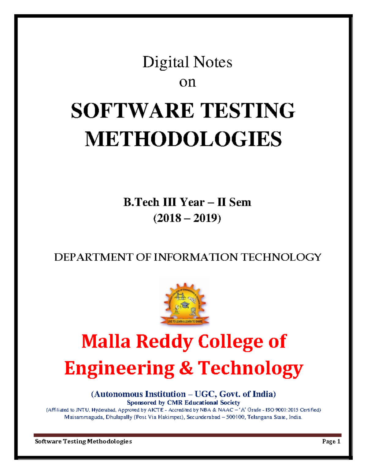 Digital Notes on Software Testing Methodologies (B.Tech II Sem) - Studocu
