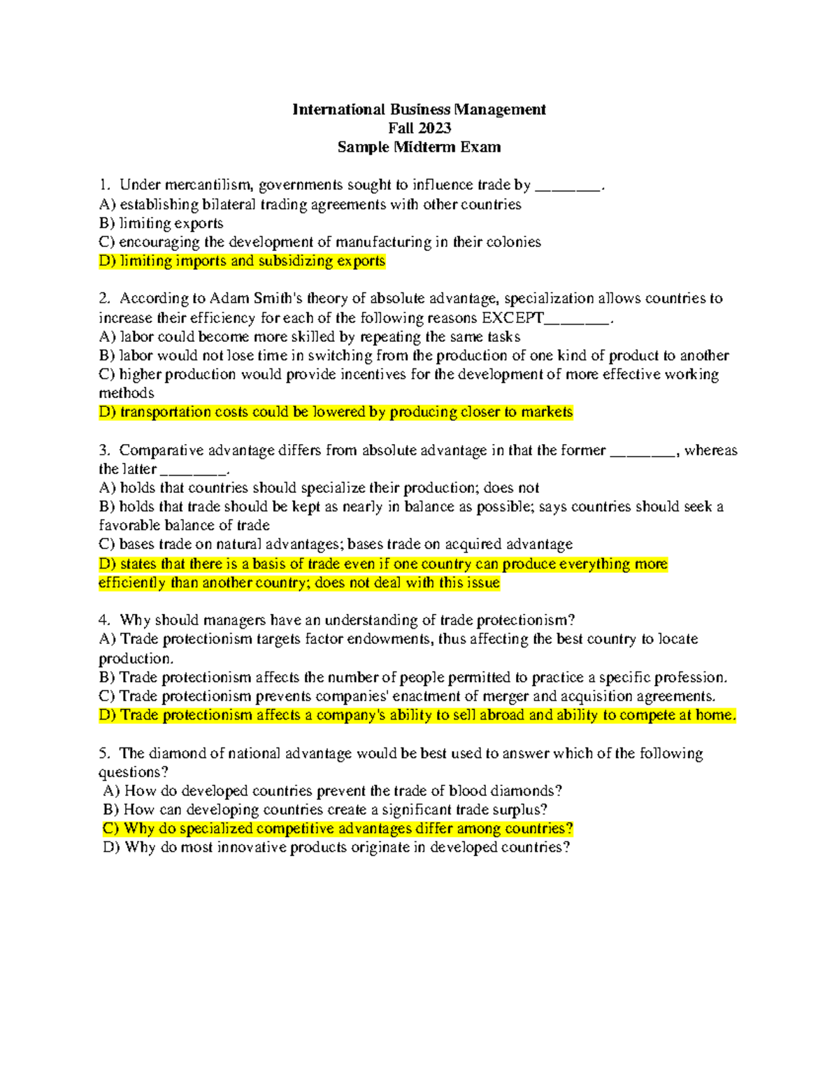 International Business Management: Sample Midterm Exam & Answers - Studocu