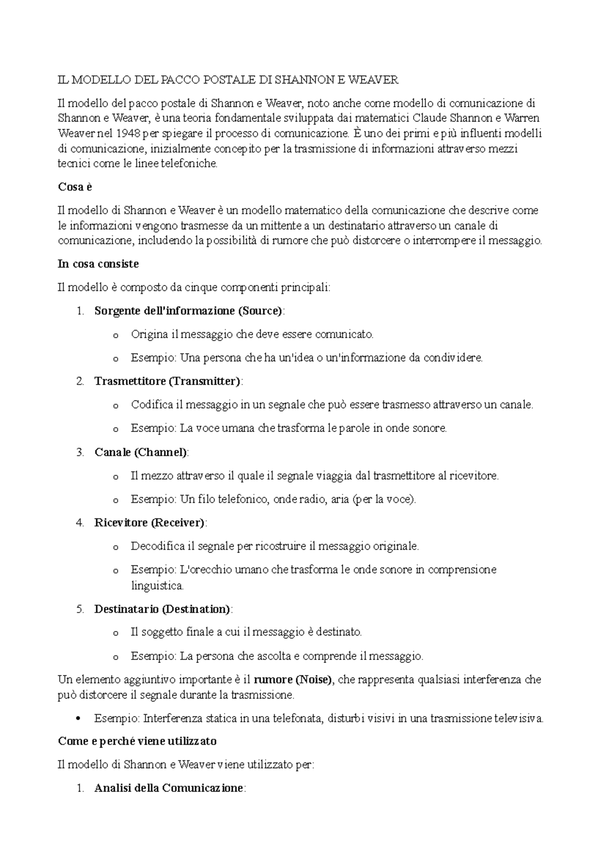 IL MODELLO DEL PACCO POSTALE DI SHANNON E WEAVER: ANALISI E COMPONENTI ...