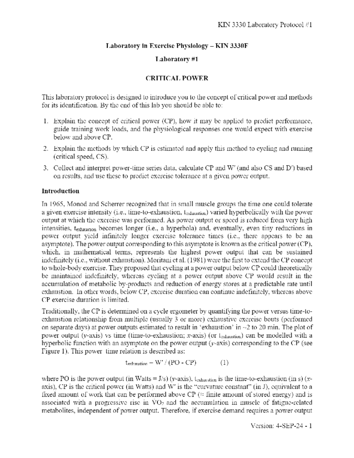 Protocol 1 - Critical Power - KIN Laboratory Protocol Laboratory in ...