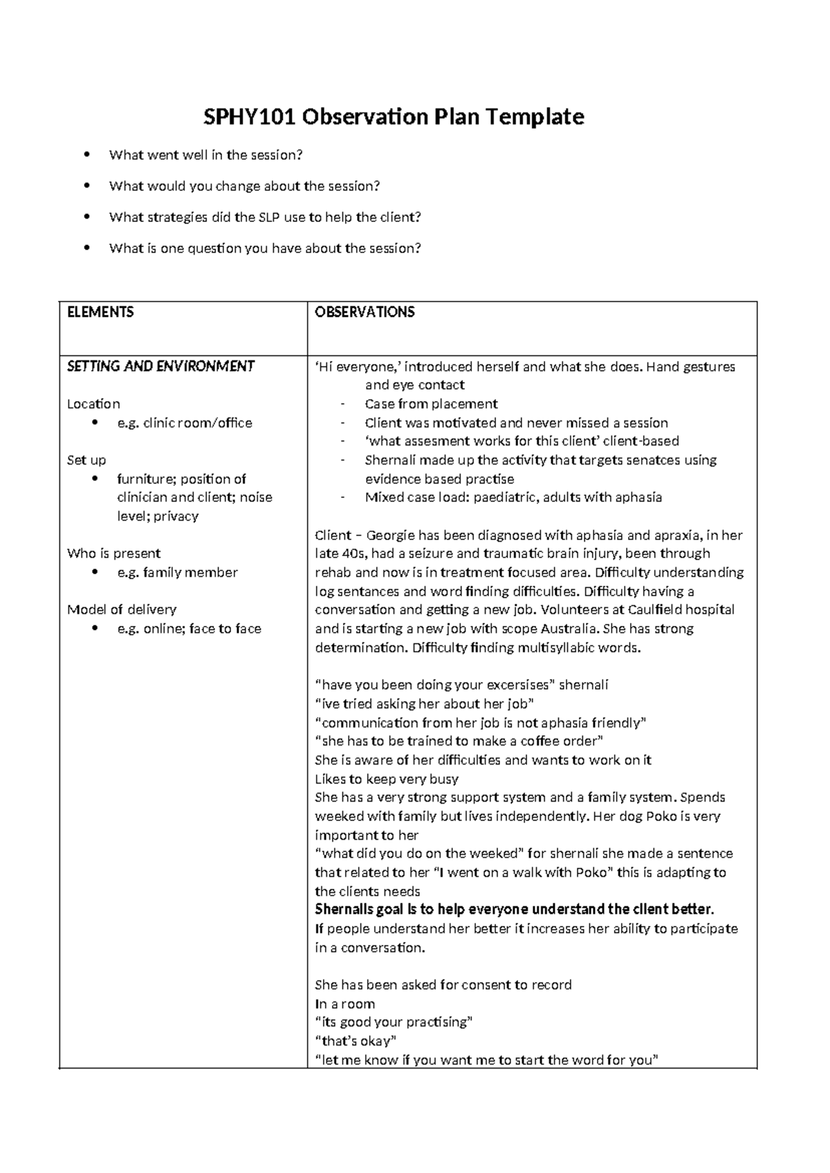 Observation template - SPHY101 Observation Plan Template What went well ...