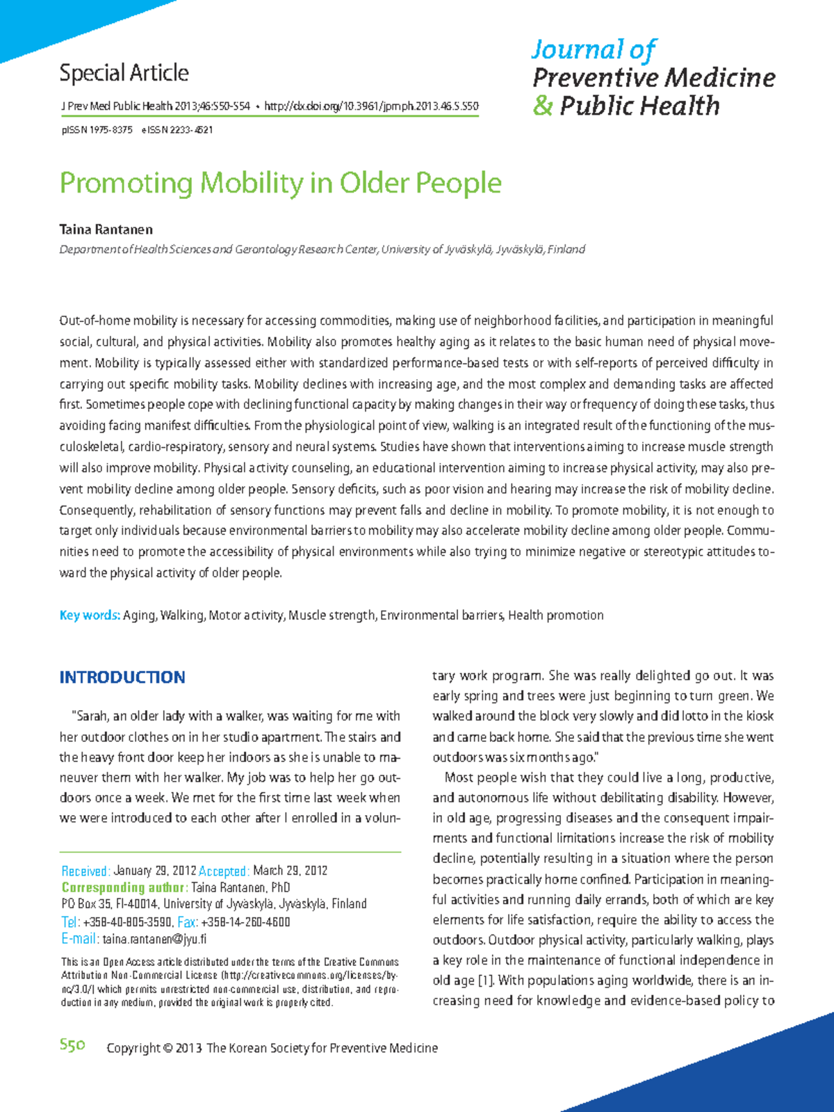 Promoting Mobility in Older Adults: Insights from J Prev Med Public ...