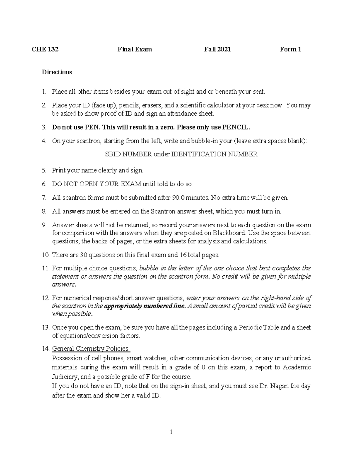CHE 132 Final Exam Fall 2021 Instructions and Key Equations - Studocu