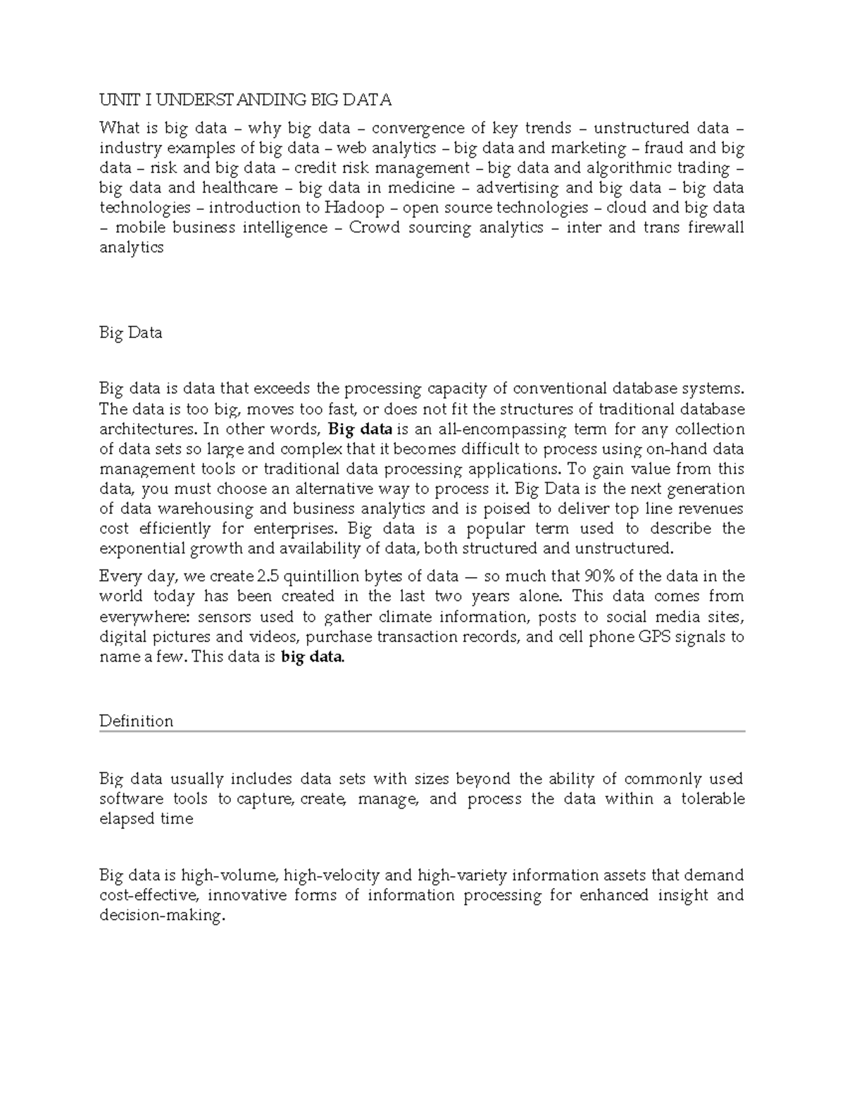 Unit I notes on understanding big data and its applications - Studocu