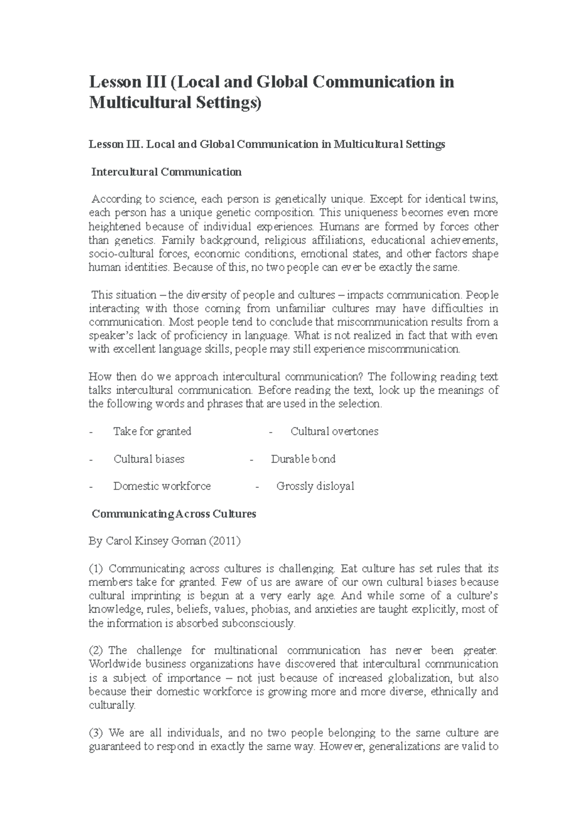 Lesson III (Local and Global Communication in Multicultural Settings ...