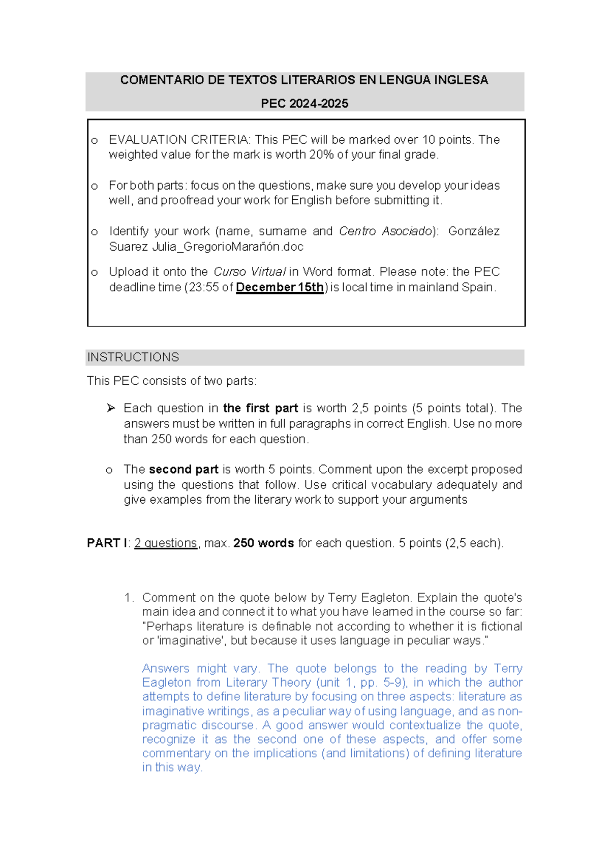 Literary Text Commentary PEC 2024-2025: Evaluation Criteria & Analysis ...