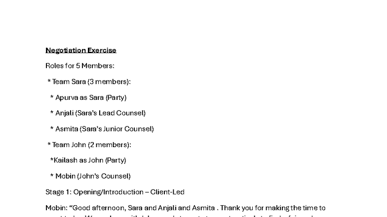 Negotiation Exercise Roles for Class: Team Sara & Team John - Studocu