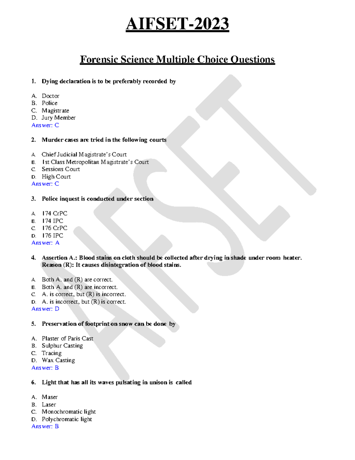 AIFSET 2023 Forensic Science Sample MCQs and Answers - Studocu