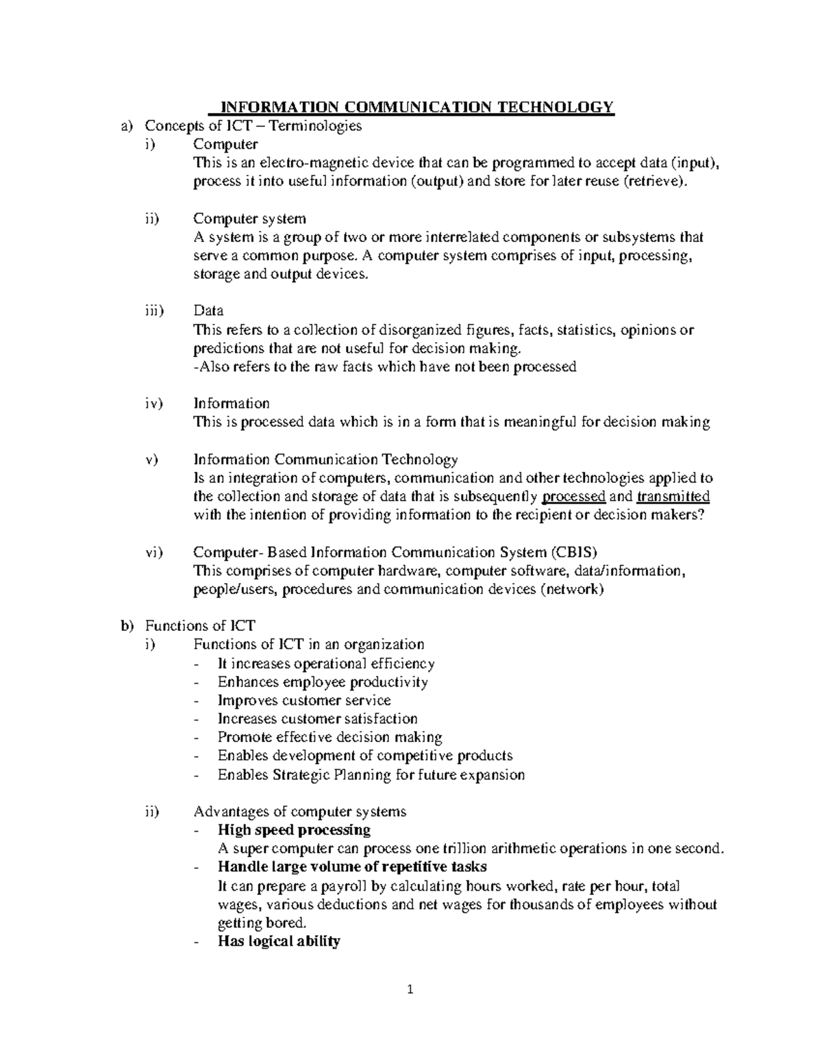 Intro TO IT chapter one - INFORMATION COMMUNICATION TECHNOLOGY a ...