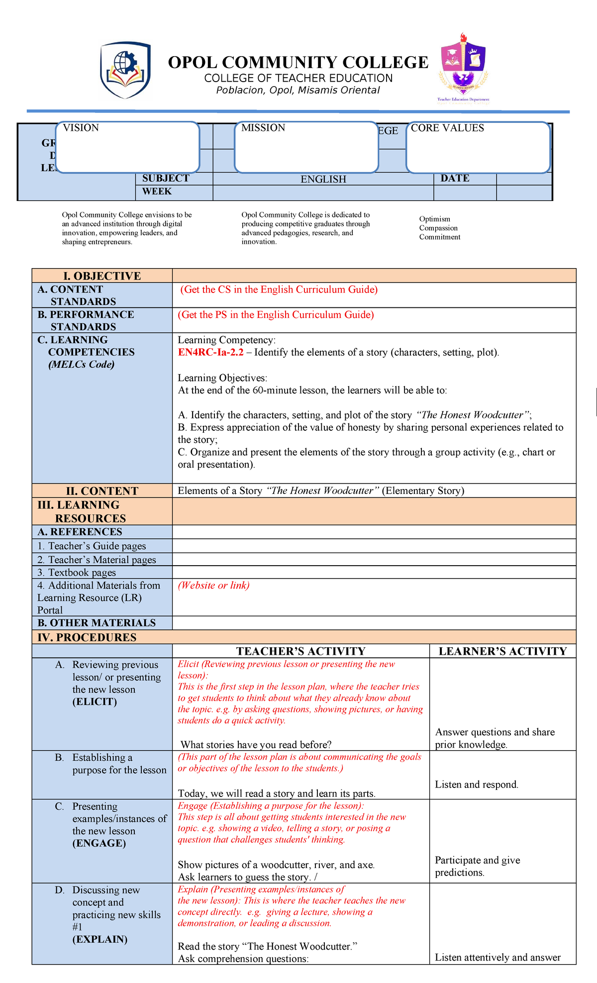 Detailed Lesson Plan Template for English (Grade 1-12) - Studocu