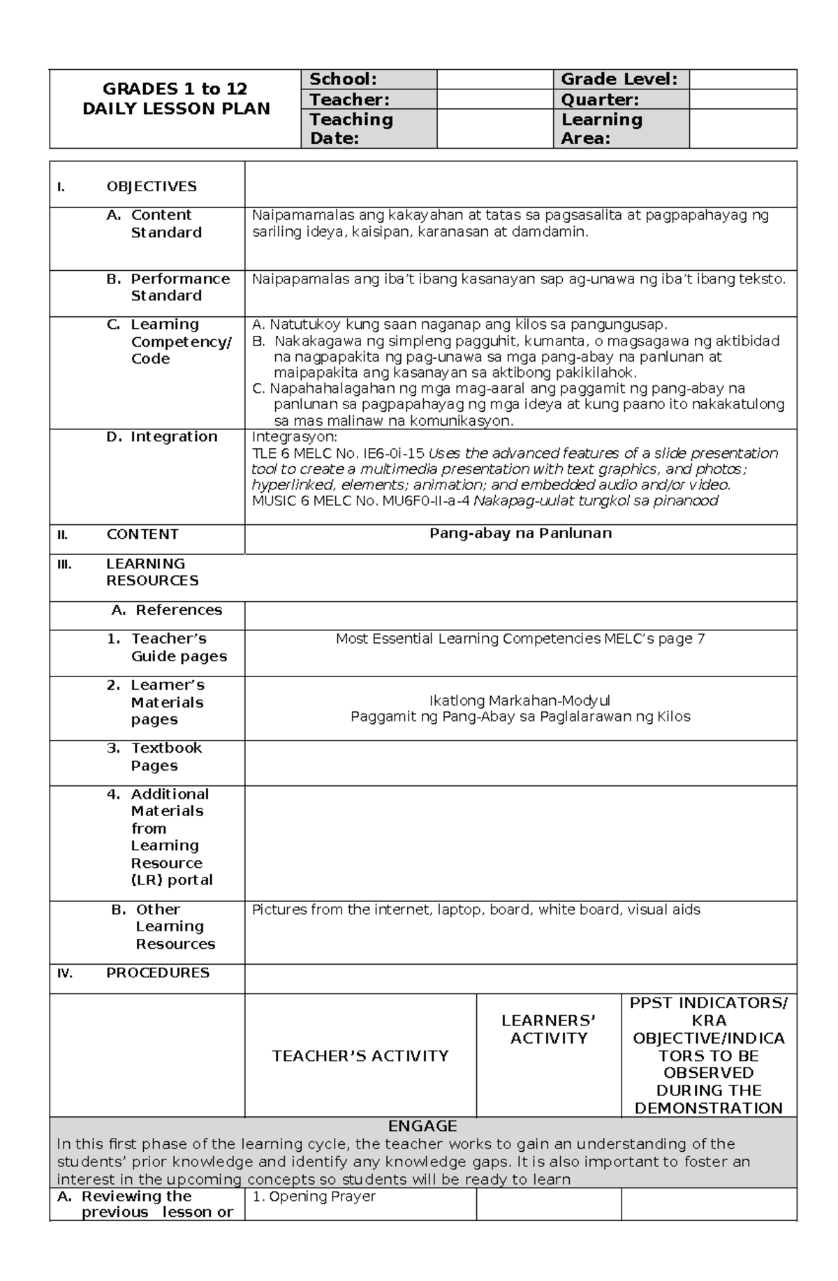 Grade 5 DLP-FIL: Daily Lesson Plan on Adverbs of Place - Studocu