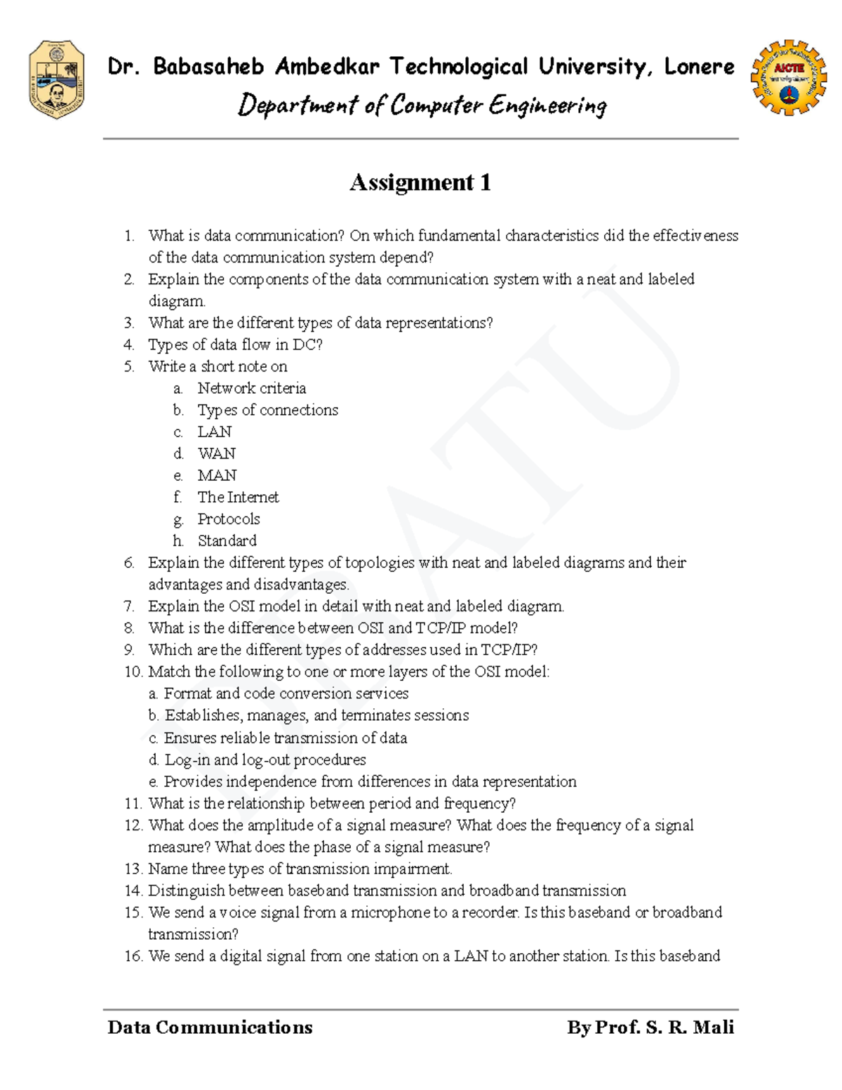 DBATU DC Assignment 1: Data Communication Concepts and Systems - Studocu