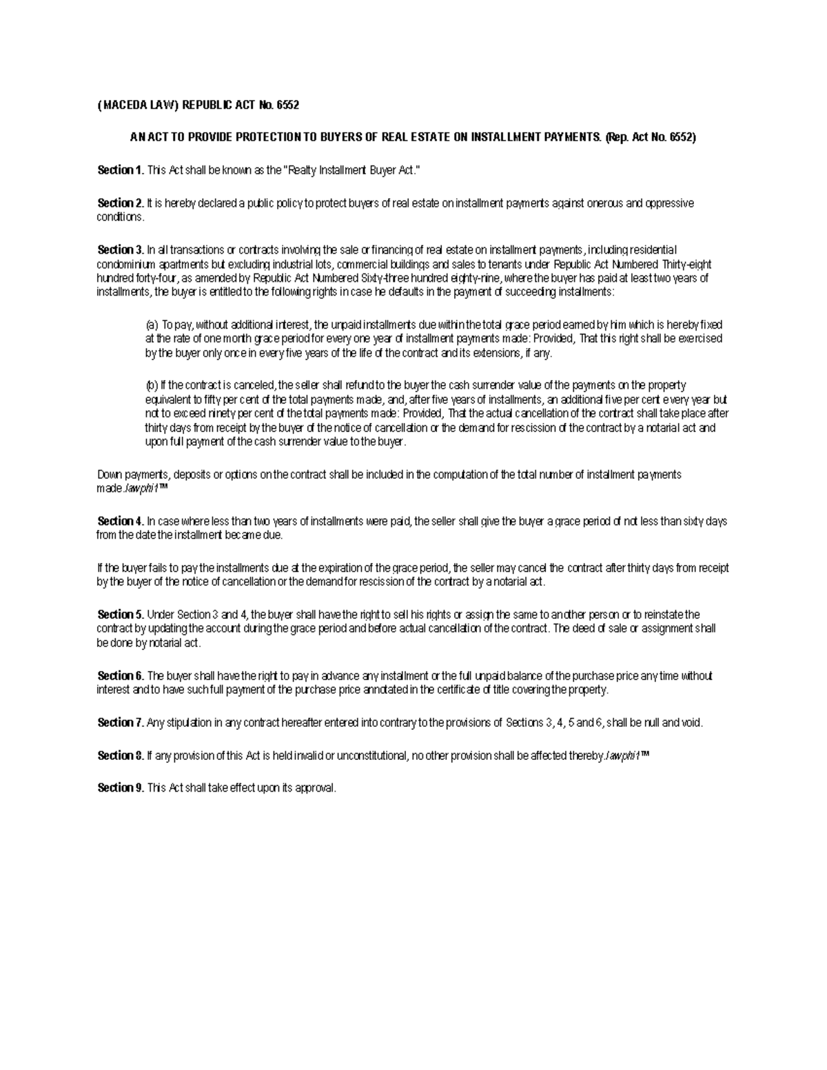 Maceda LAW - ( MACEDA LAW ) REPUBLIC ACT No. 6552 AN ACT TO PROVIDE ...
