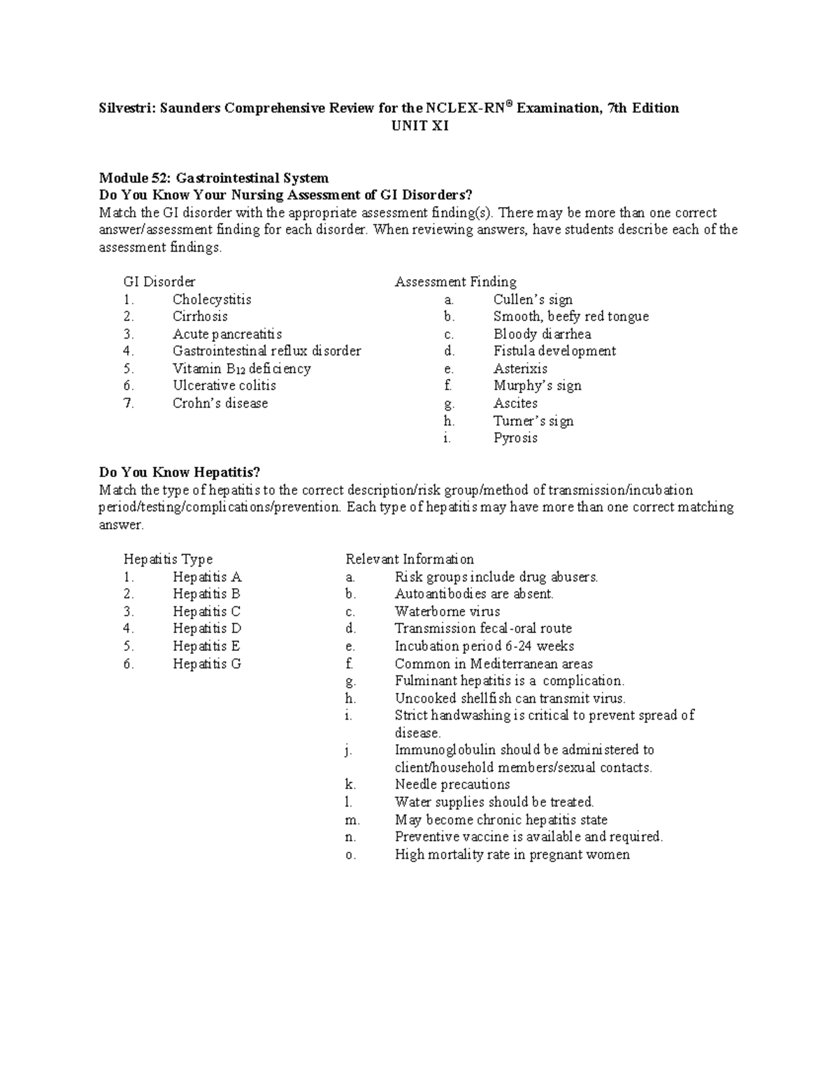 Saunders - Unit XI Gastrointestinal Disorders & Medications Review ...