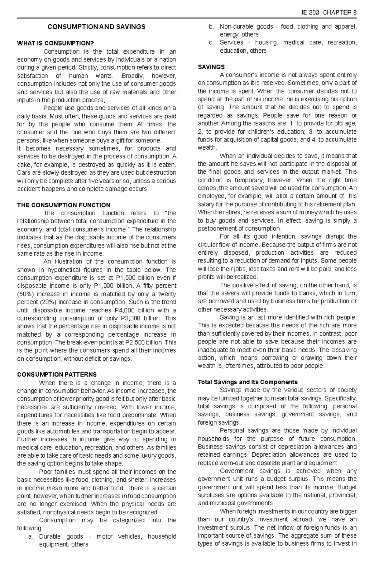 IE 203: Chapter 8 - Consumption and Savings Explained - Studocu