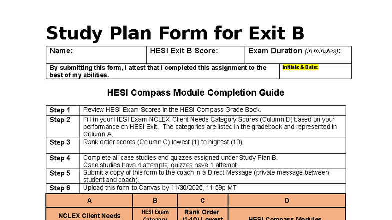 HESI Exit B Study Plan Form - Compass Module Guide - Studocu