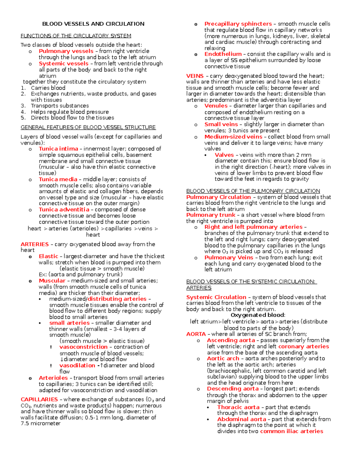 BSC 101: Comprehensive Study Notes on Blood Vessels & Circulation - Studocu