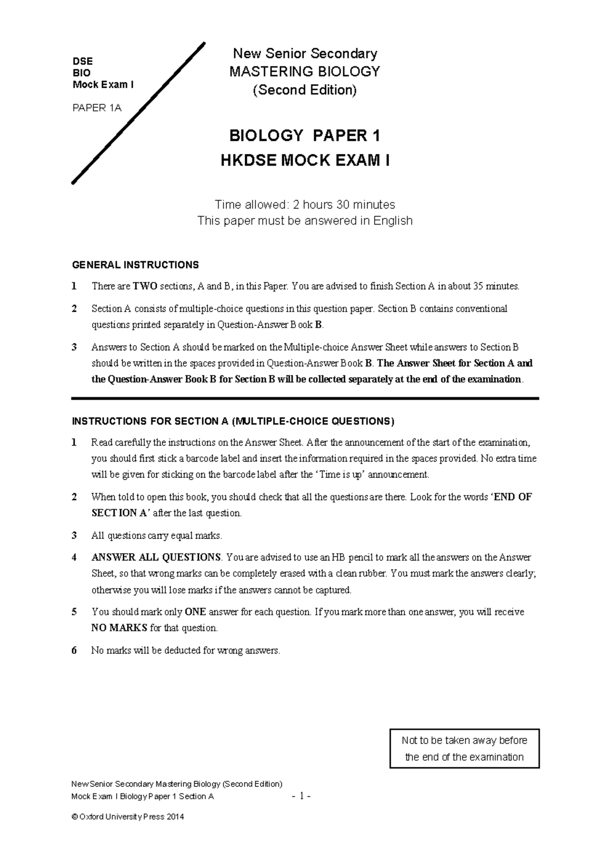 New Senior Secondary Mastering Biology DSE BIO Mock Exam I Paper 1A ...