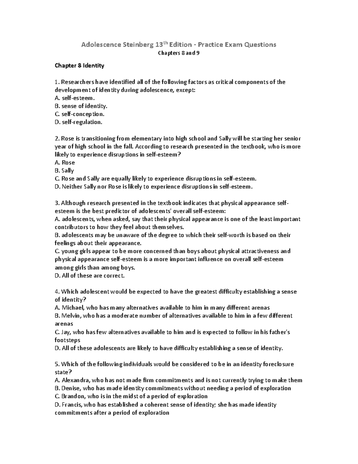 Practice Exam Questions for Adolescence (Chapters 8 & 9) Steinberg