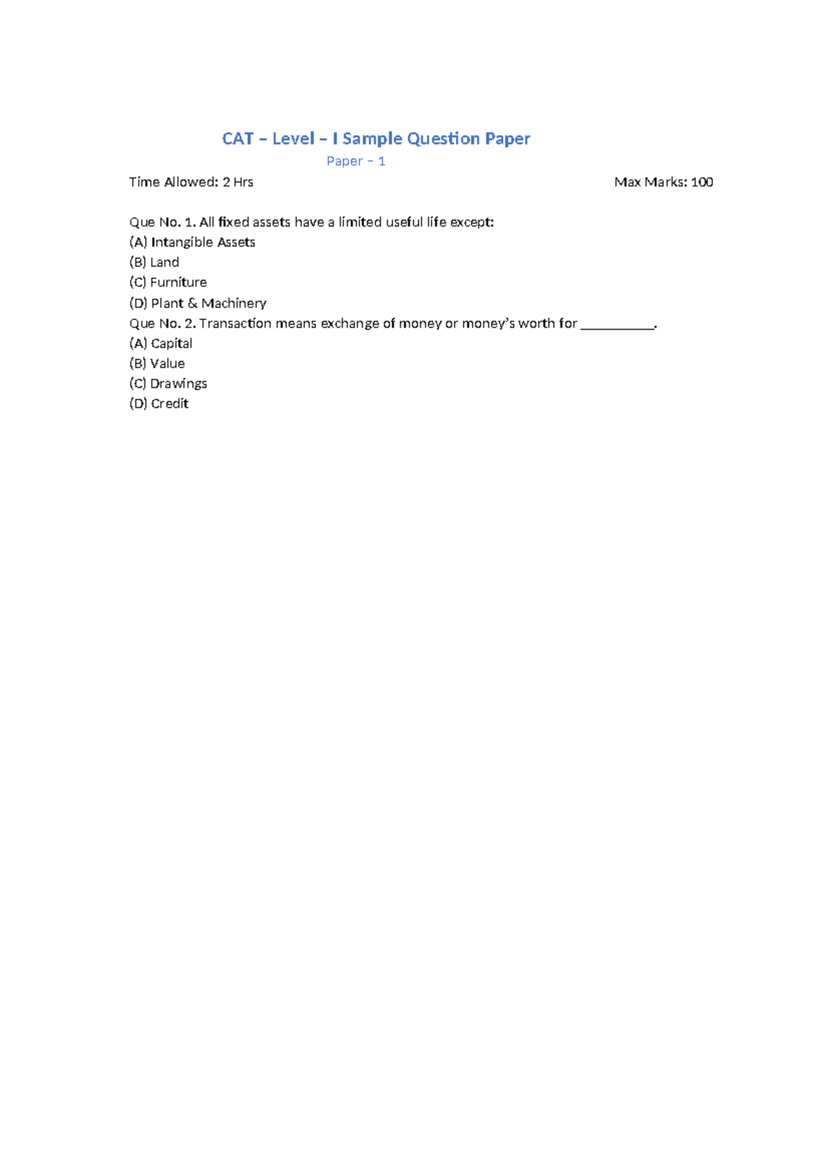 CAT Question BANK RANS PDF - CAT – Level – I Sample Question Paper ...