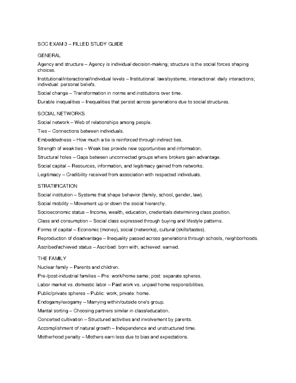 SOC 101 FINAL EXAM FILLED STUDY GUIDE: AGENCY & STRUCTURE - Studocu
