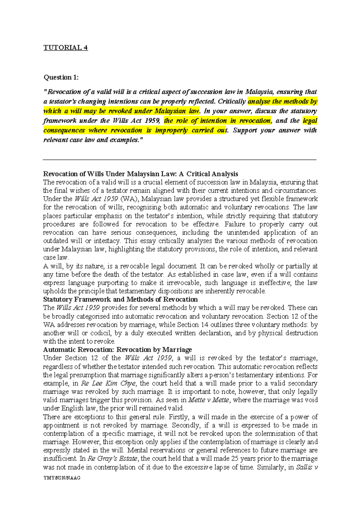 Tutorial 4: Critical Analysis of Will Revocation Under Malaysian Law