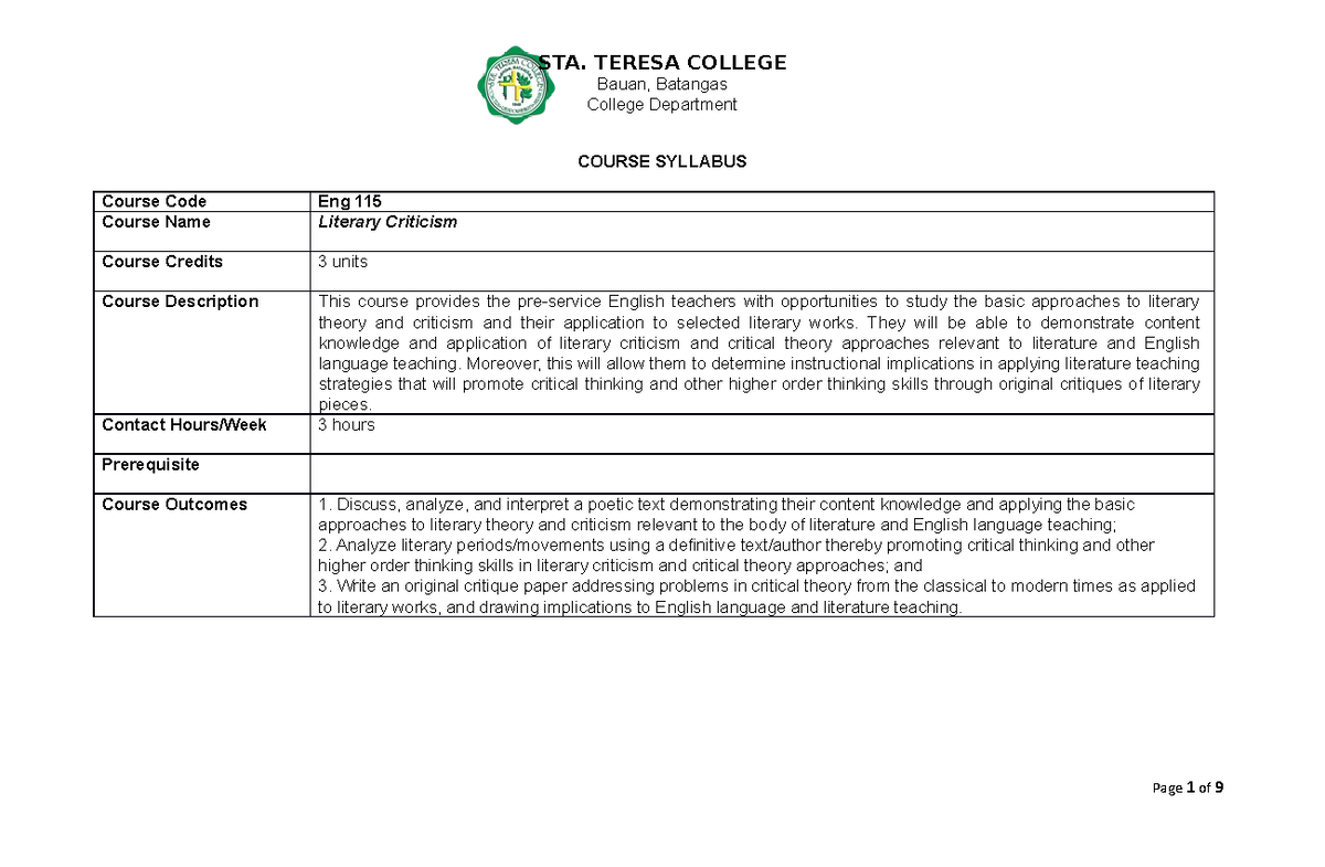 Course Syllabus for Eng 115: Literary Criticism Overview - Studocu