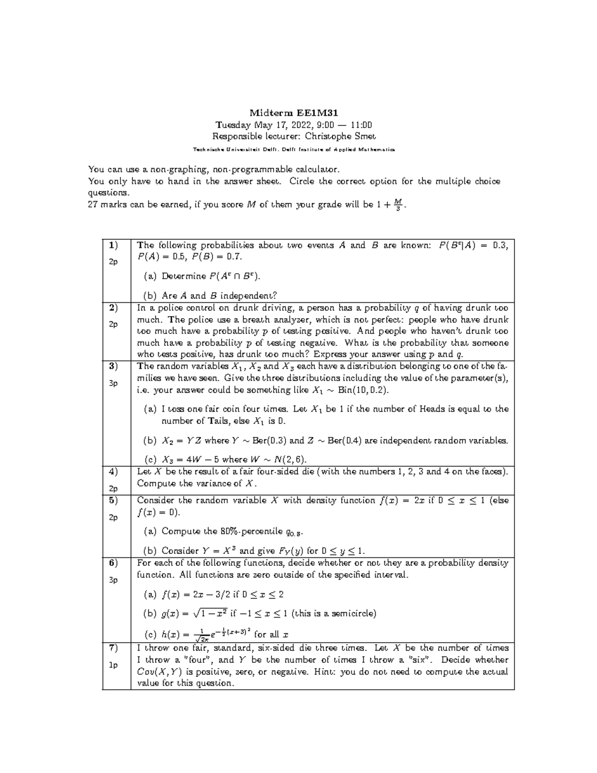 Midterm Exam EE1M: Probability Theory and Statistics Solutions ...