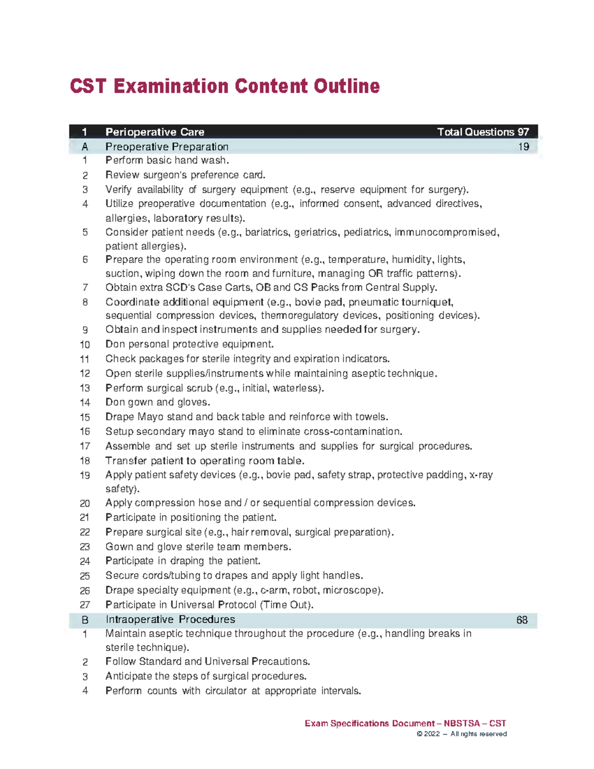 CST Examination Content Outline: Perioperative Care & Sample Questions ...
