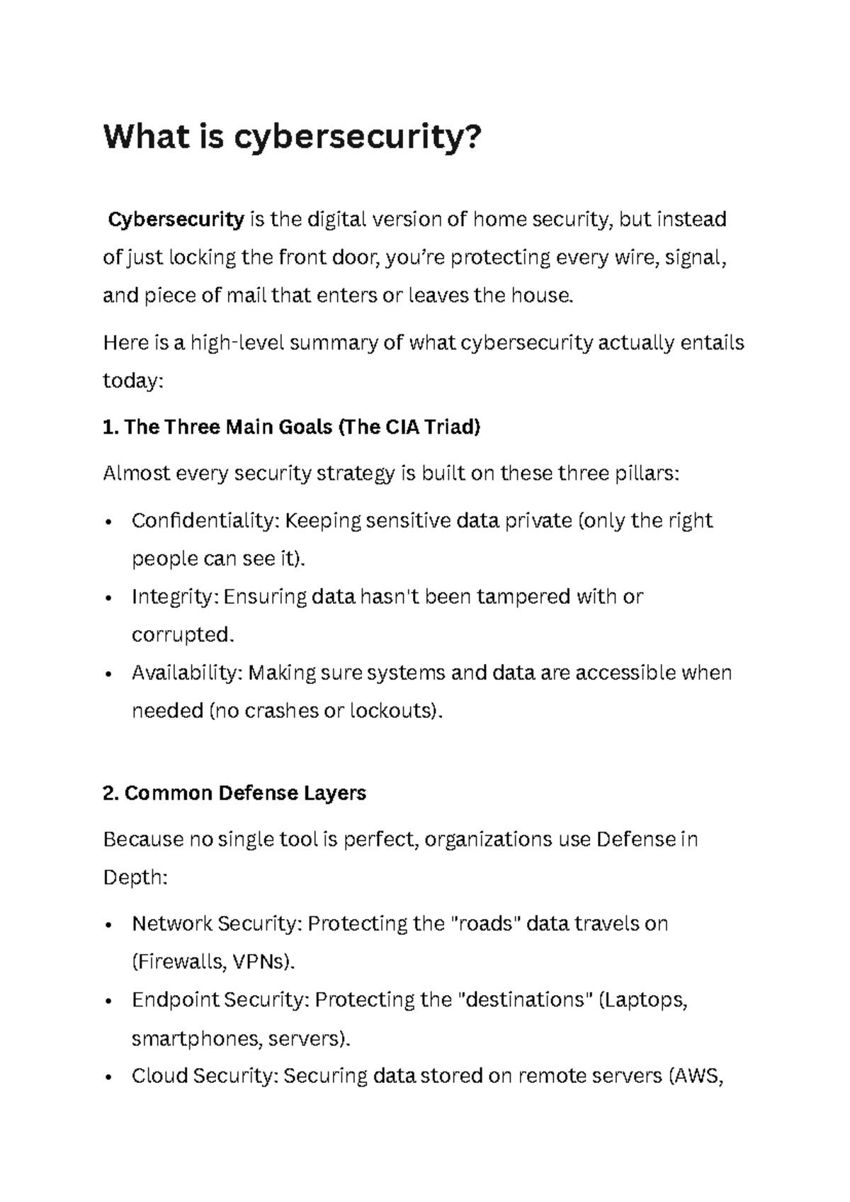 Cybersecurity Overview: Key Concepts and Defense Layers - Studocu