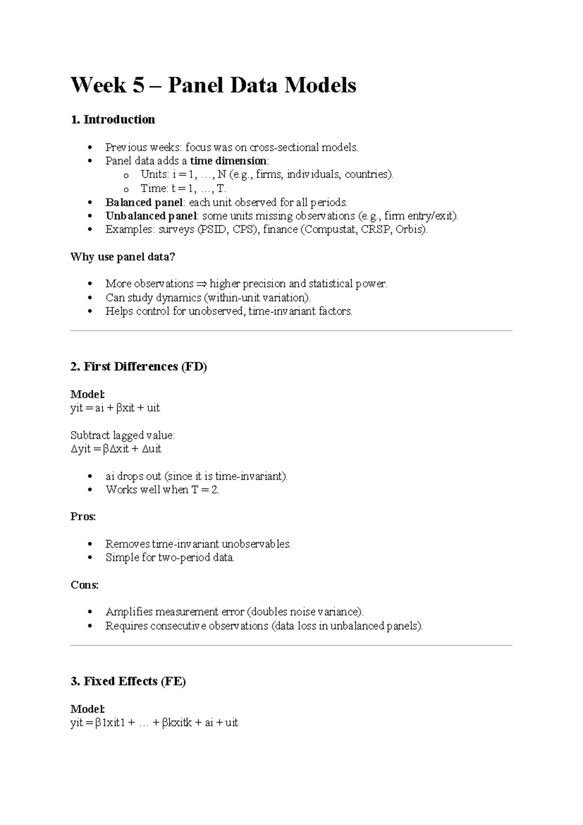 Week 5-7 Summary & Q&A on Panel Data Models (Econ 101) - Studeersnel