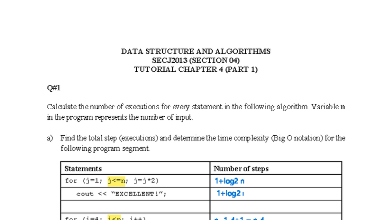 DATA STRUCTURE AND ALGORITHMS SECJ2013 TUTORIAL CHAPTER 4 ANALYSIS ...