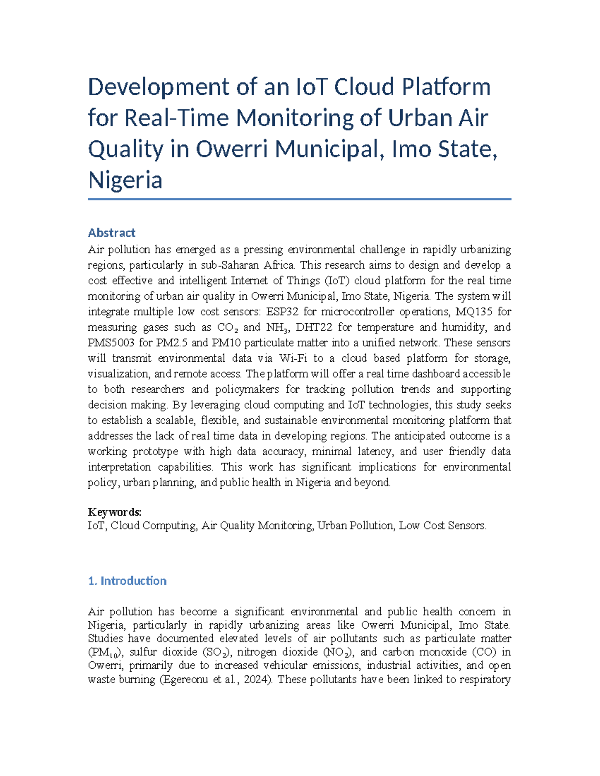 IoT Cloud Platform for Urban Air Quality Monitoring in Owerri - Studocu