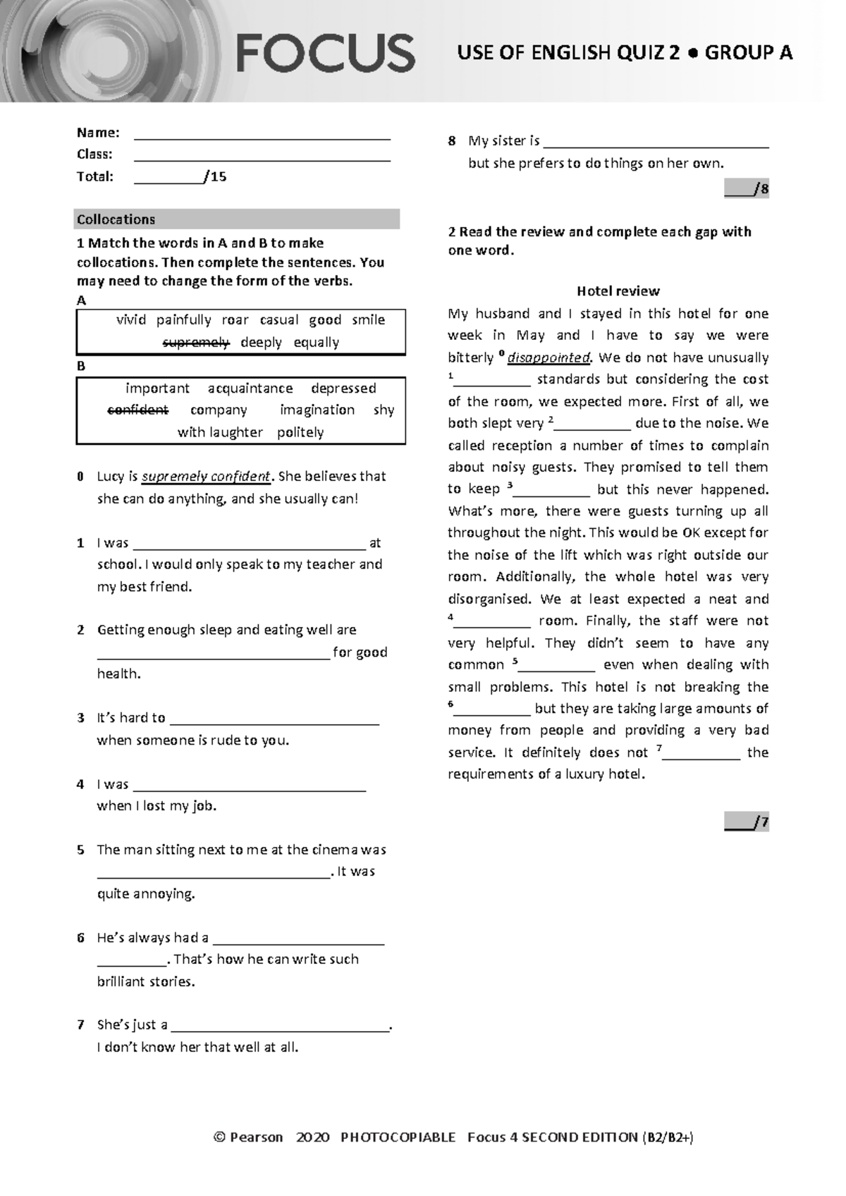 Focus 4 2E Uo E Quiz Unit 2 Group A - Use of English Exam - Studocu