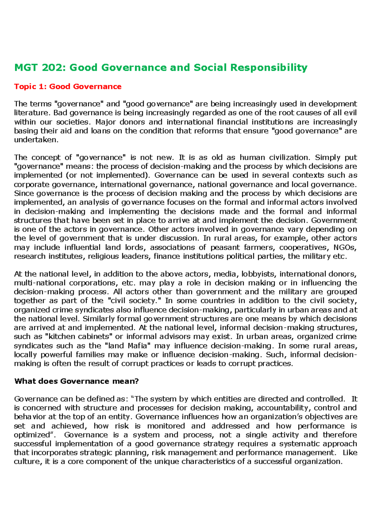 MGT 202: Good Governance and Social Responsibility Lecture Notes - Studocu