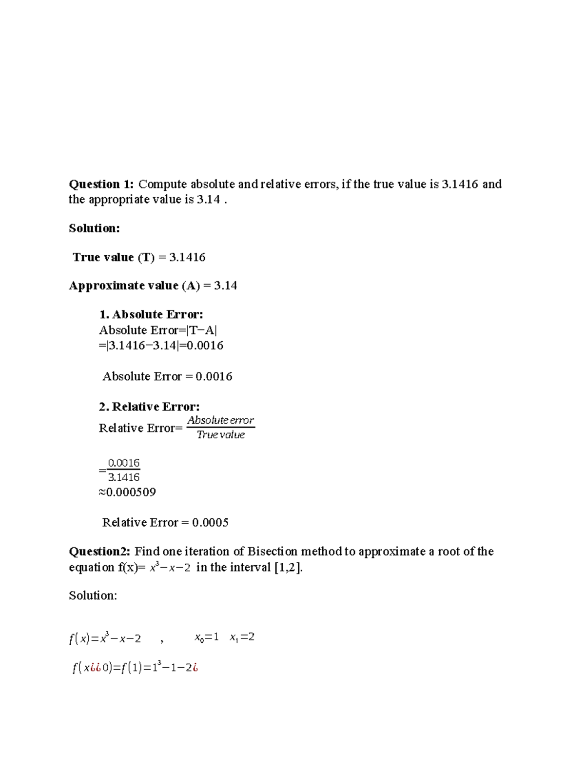 MTH603 Assignment 1: Errors & Bisection Method Iteration Solutions ...