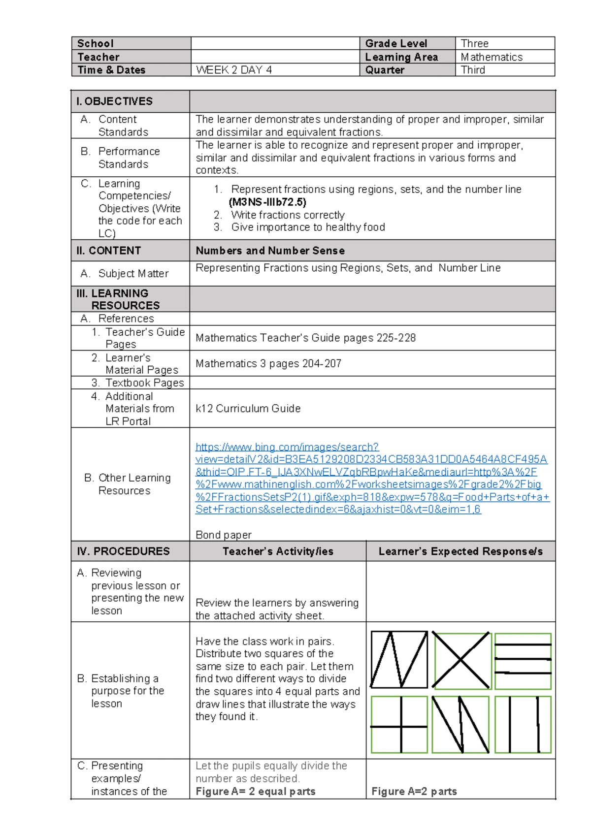 Day 3 Detailed Math Lesson Plan for G3: Fractions & Representation ...