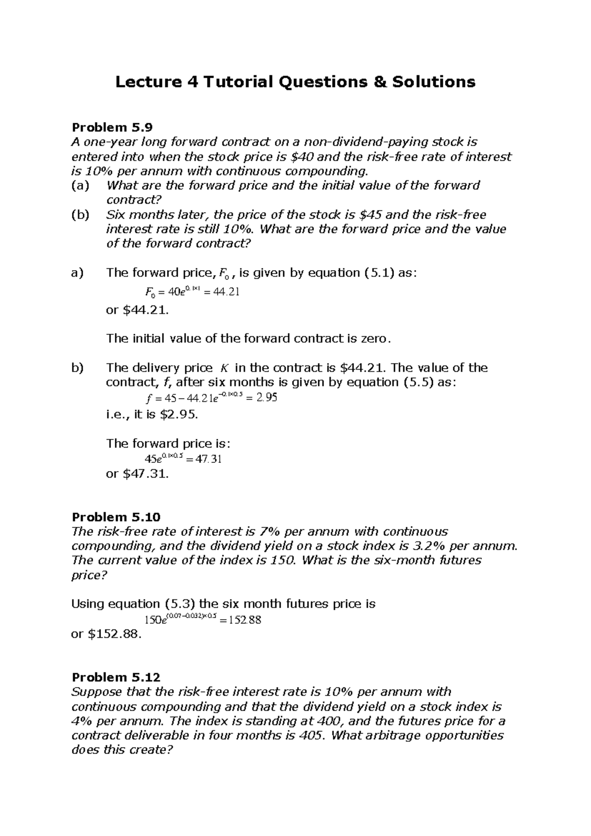 FINA2204 S2 2024 Lecture 4 Tutorial Questions & Solutions - Lecture 4 ...
