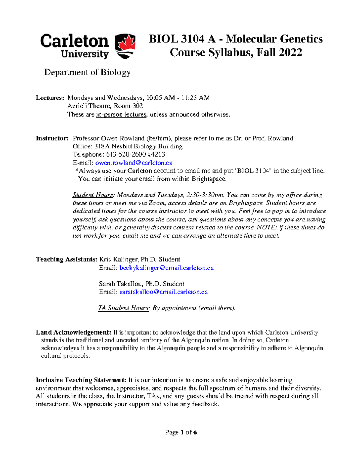 BIOL 3104 Fall 2022 Molecular Genetics Course Syllabus - Studocu