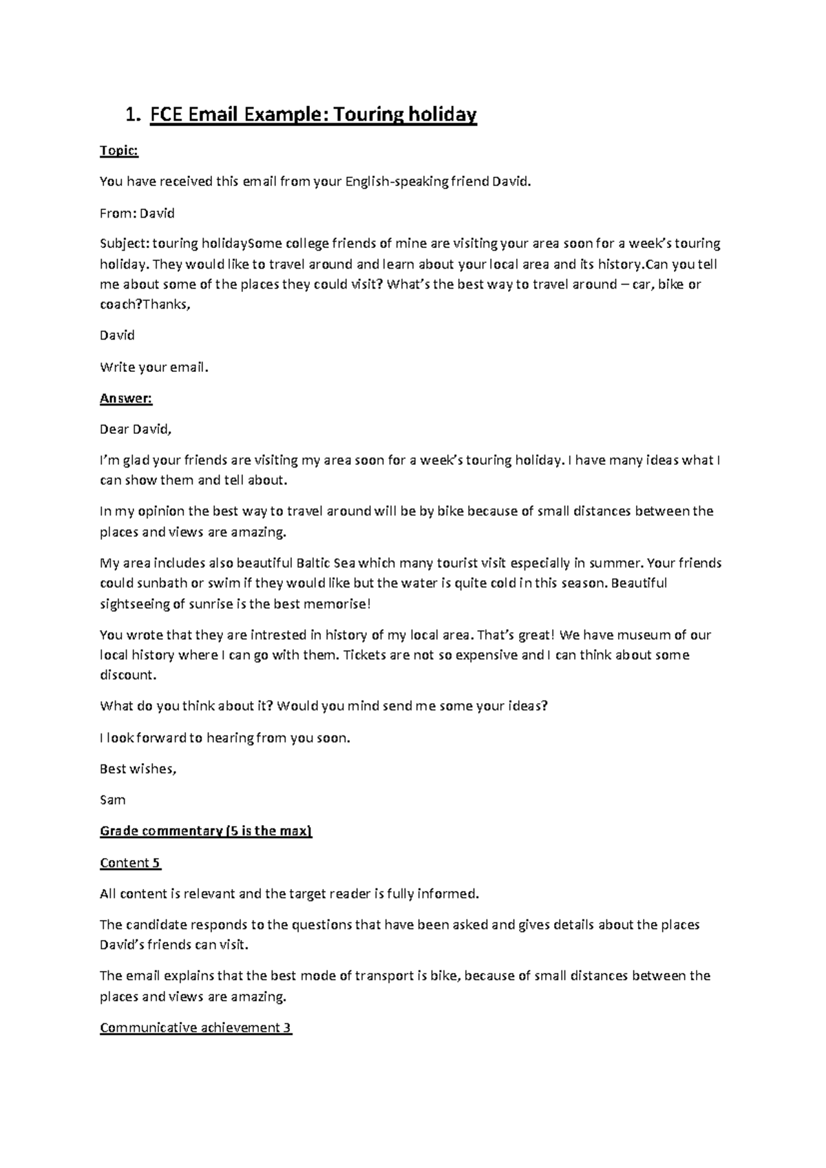 FCE Email Examples (Sample Responses for Practice) - Studocu