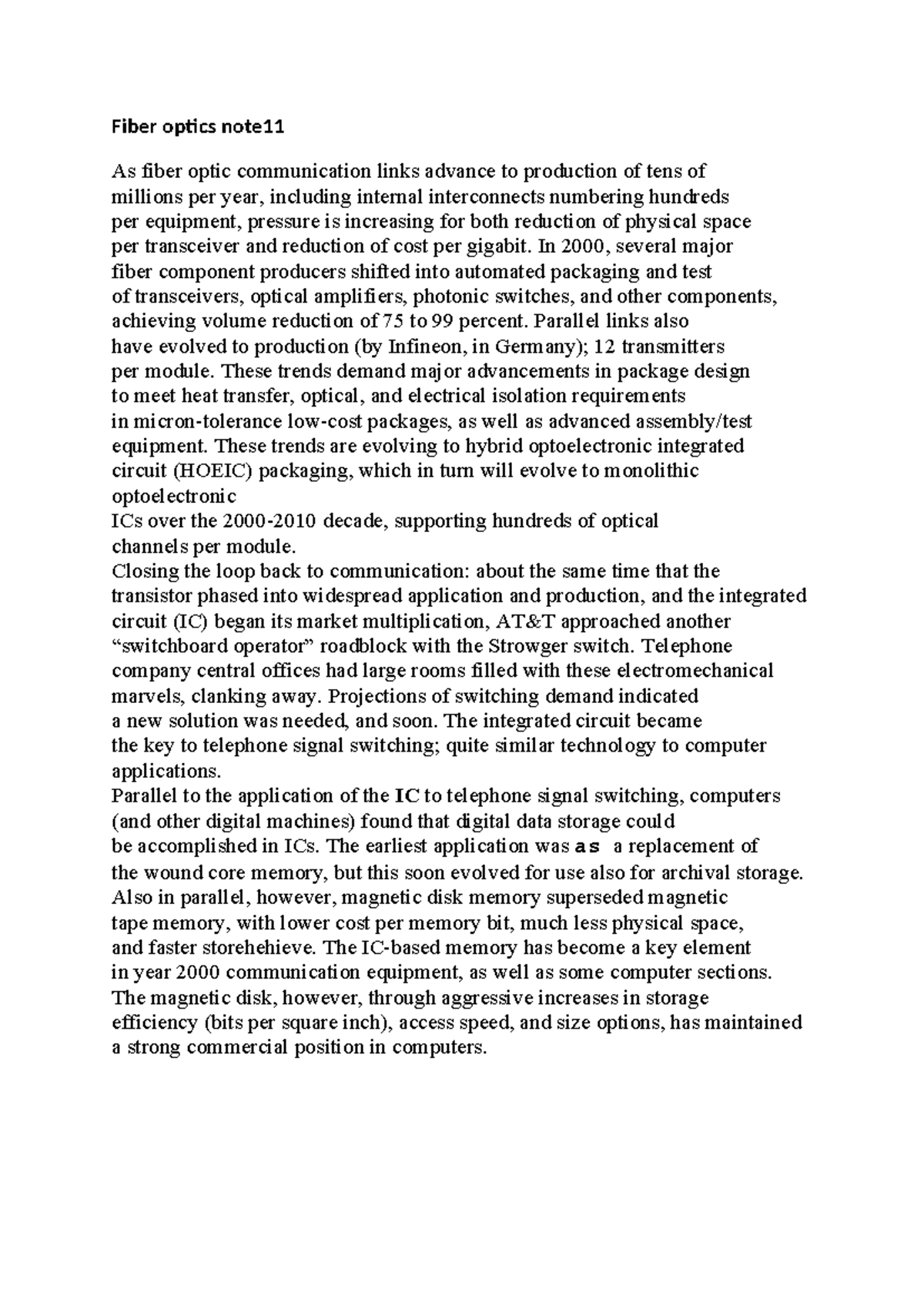 11.Fiber optics note - Fiber optics note As fiber optic communication ...