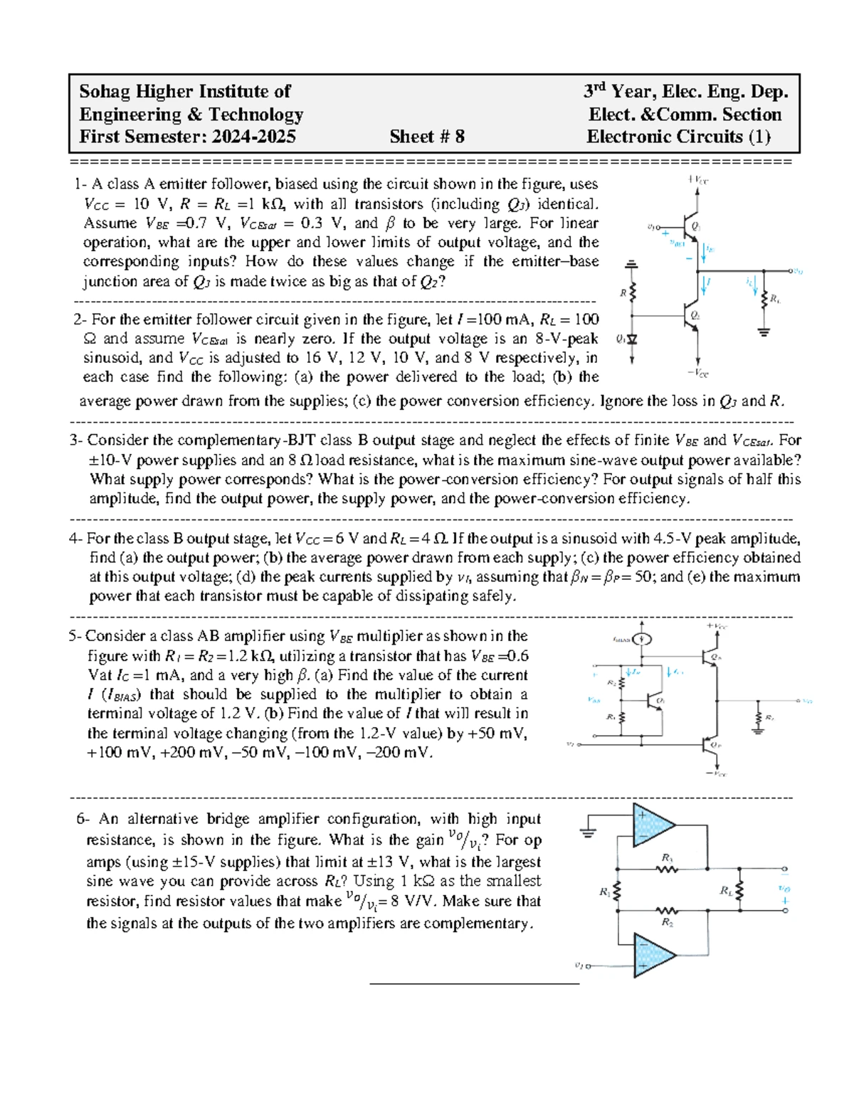 Sheet 6 EE 322 - Electronic Circuits: Multistage Amplifiers & Frequency ...
