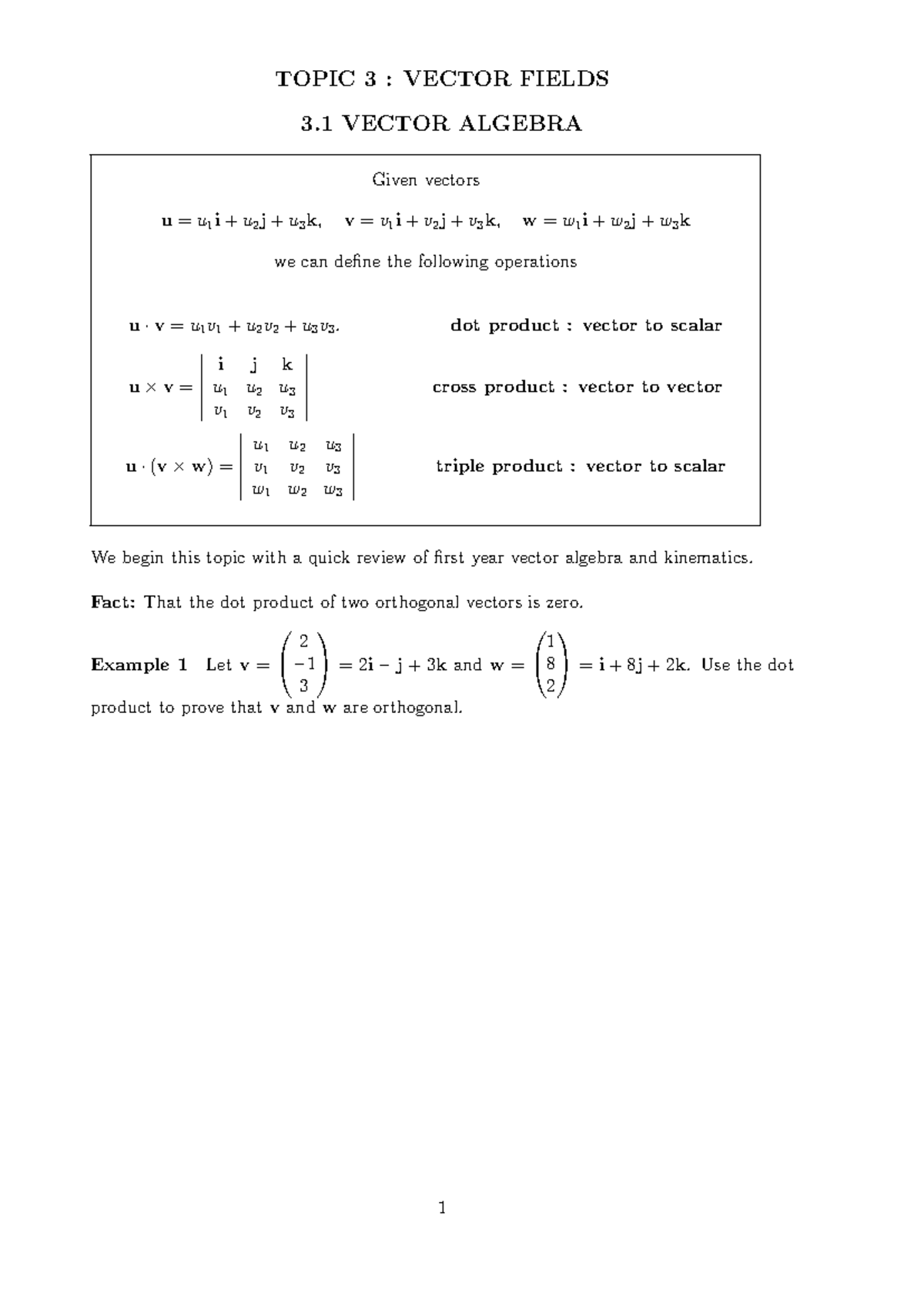 3.1 Vector Algebra: Operations and Applications in Vector Fields - Studocu