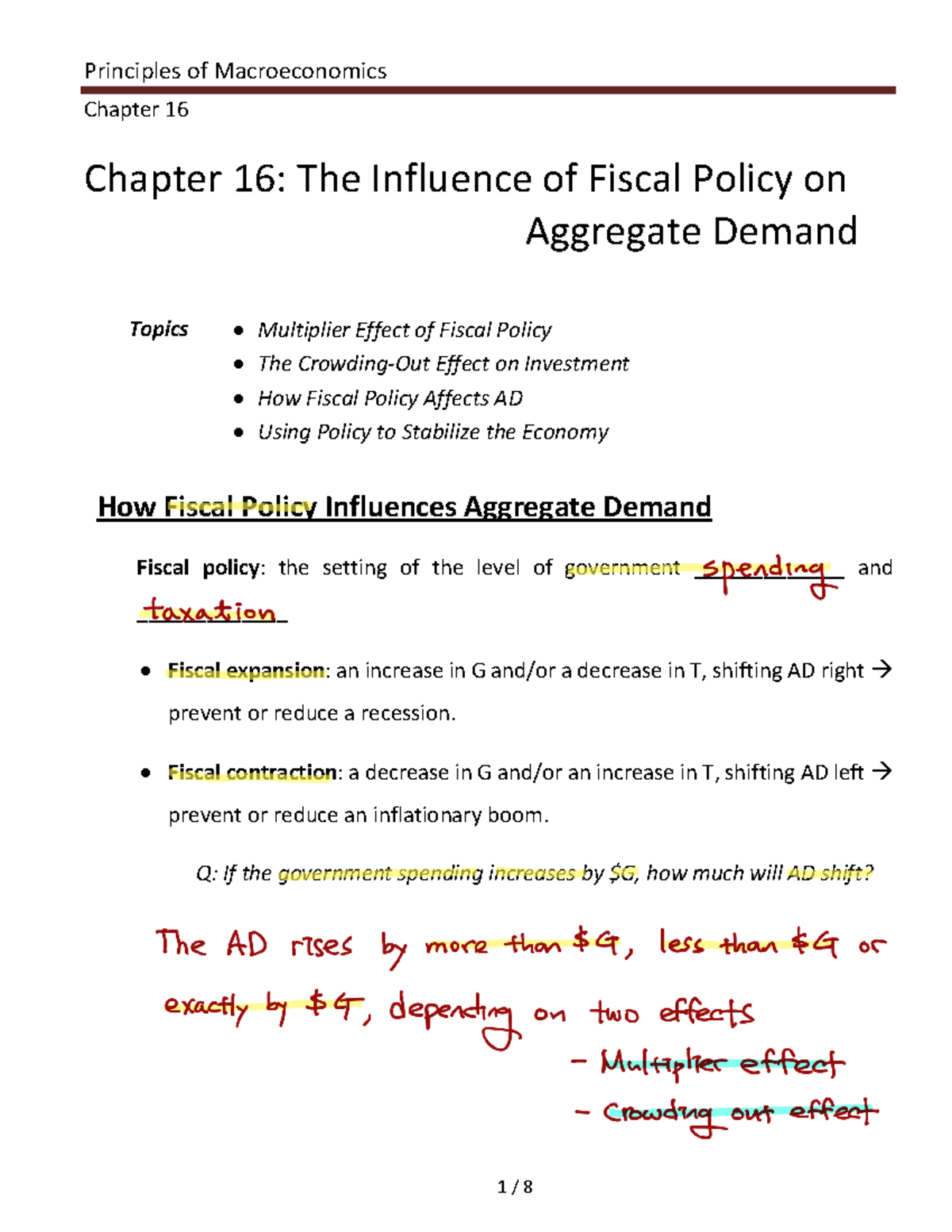 Econ 105 Lecture Notes: Ch 16 - Influence of Fiscal Policy on AD - Studocu
