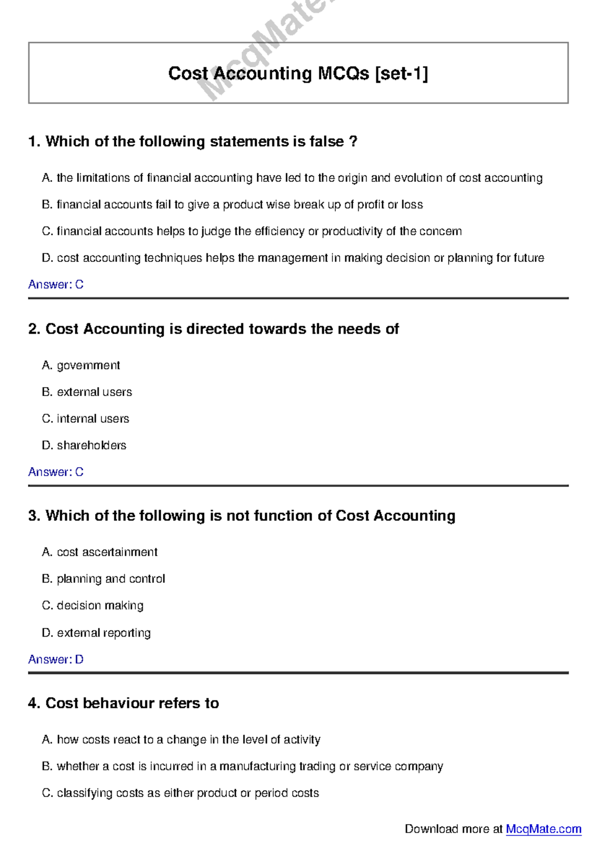 Cost Accounting MCQs Set-1 for Exam Preparation - Studocu