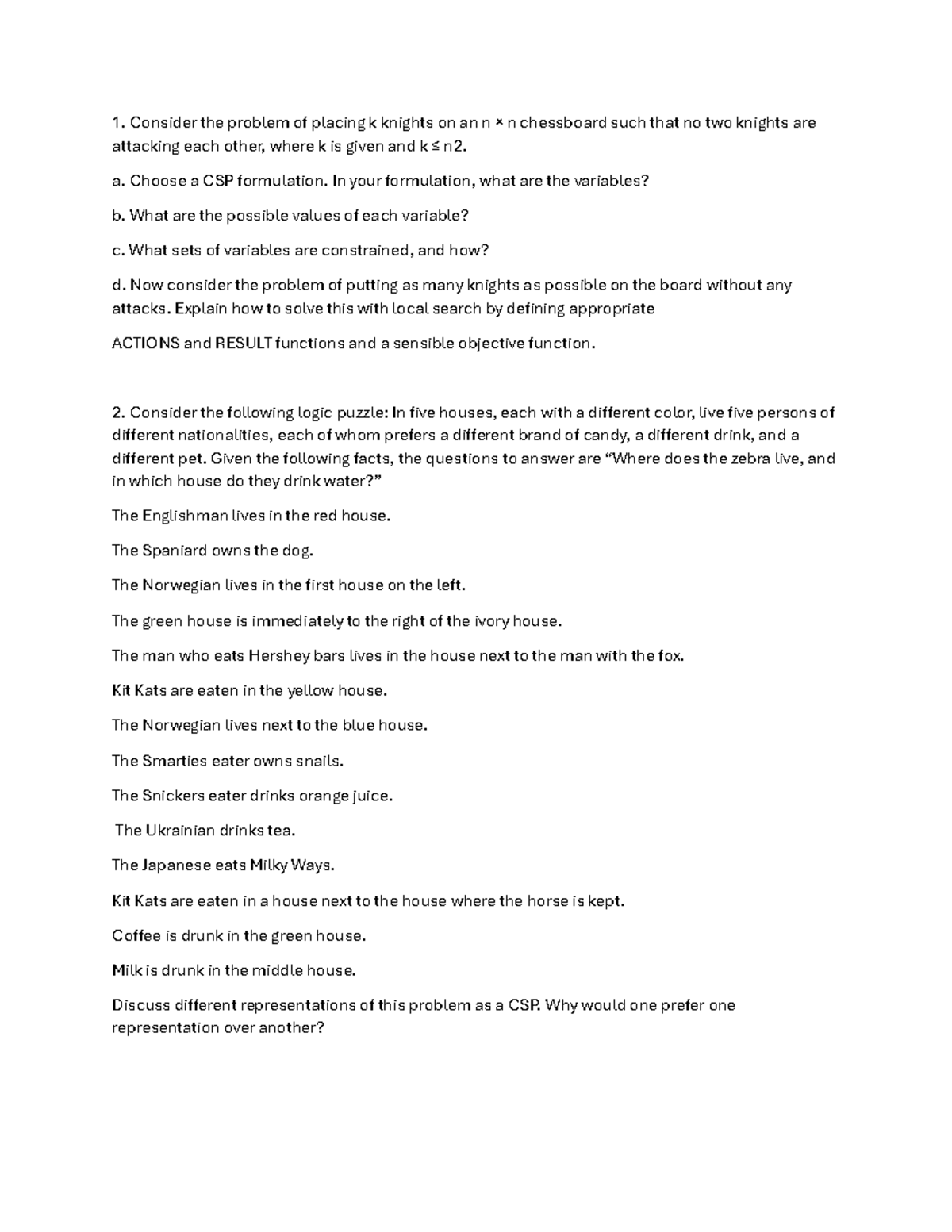 CSP formulations and logic puzzles in tutorial 6-2 - Studocu